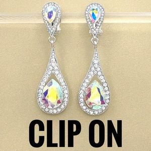 AB Iridescent Rhinestone Teardrop Clip On Earrings